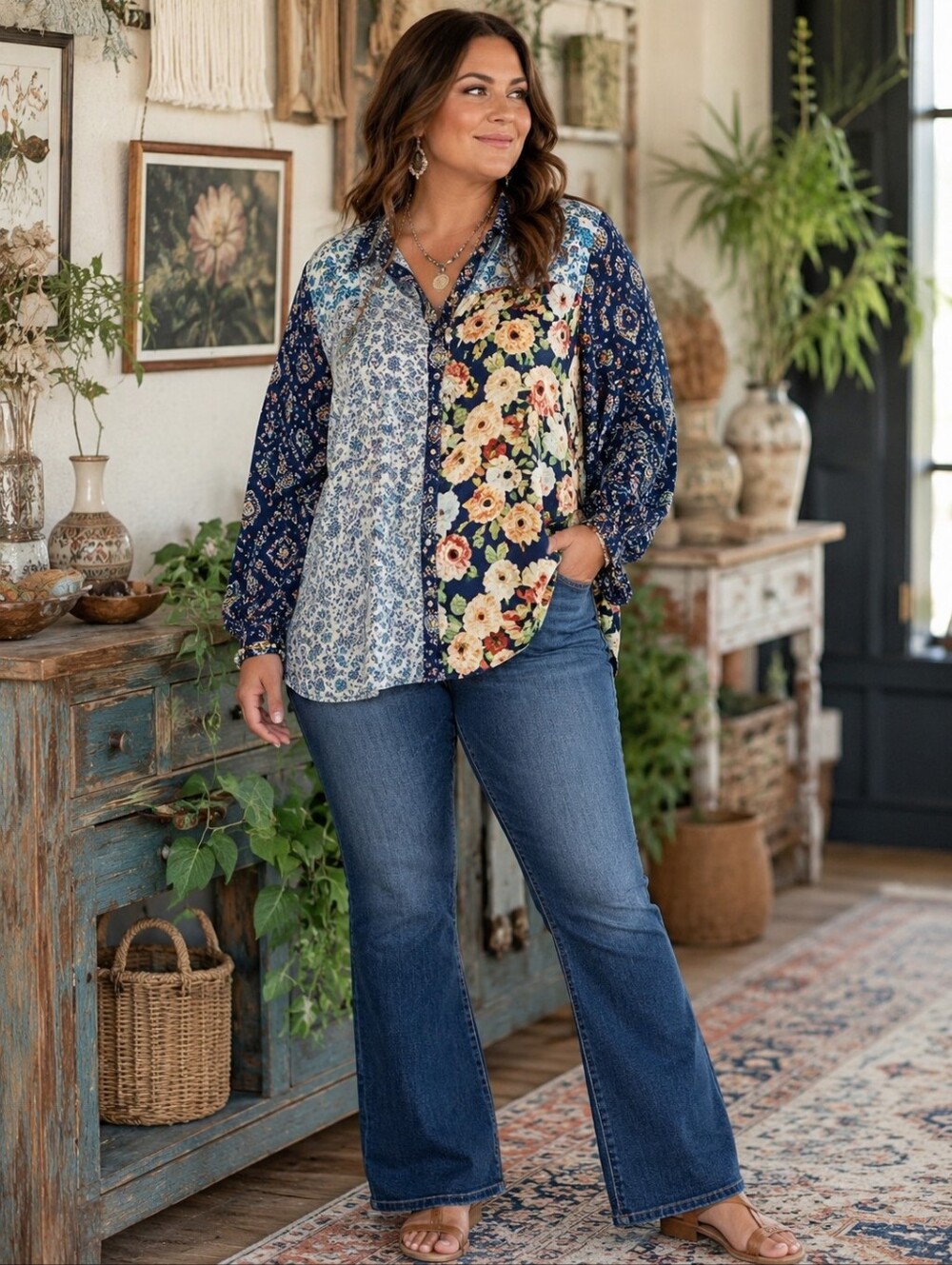 Nurture by Westbound 3X Patchwork Floral Boho Rayon Button Front Blouse - Picture 2 of 7